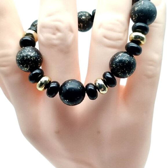 Black Beaded Stretch Bracelet with Gold Accents - Boho Chic Statement Jewelry - Picture 4 of 11